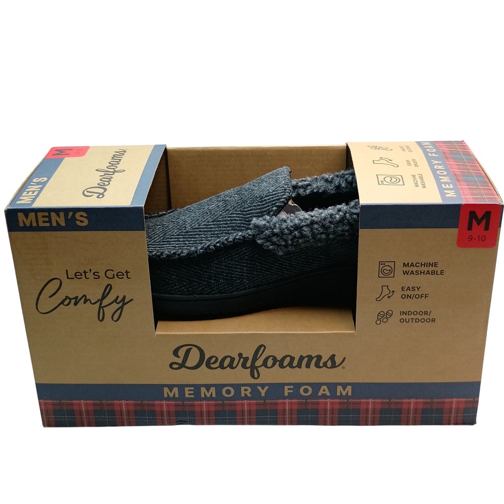 Dearfoams Memory Foam Slippers Men Size 9-10 Black Herringbone Moccasin